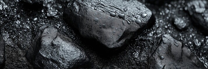 Close-up of wet black rocks with unique textures, creating a striking and natural visual under dim lighting.