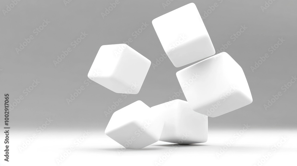 Poster minimalist 3d composition of white cubes floating in an abstract arrangement against a gray backgrou