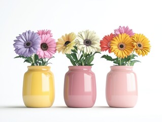 Collection of 3 beautiful flowers in isolated ceramic jars on a white background. 3D rendering.