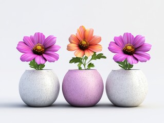 Collection of 3 beautiful flowers in isolated ceramic jars on a white background. 3D rendering.
