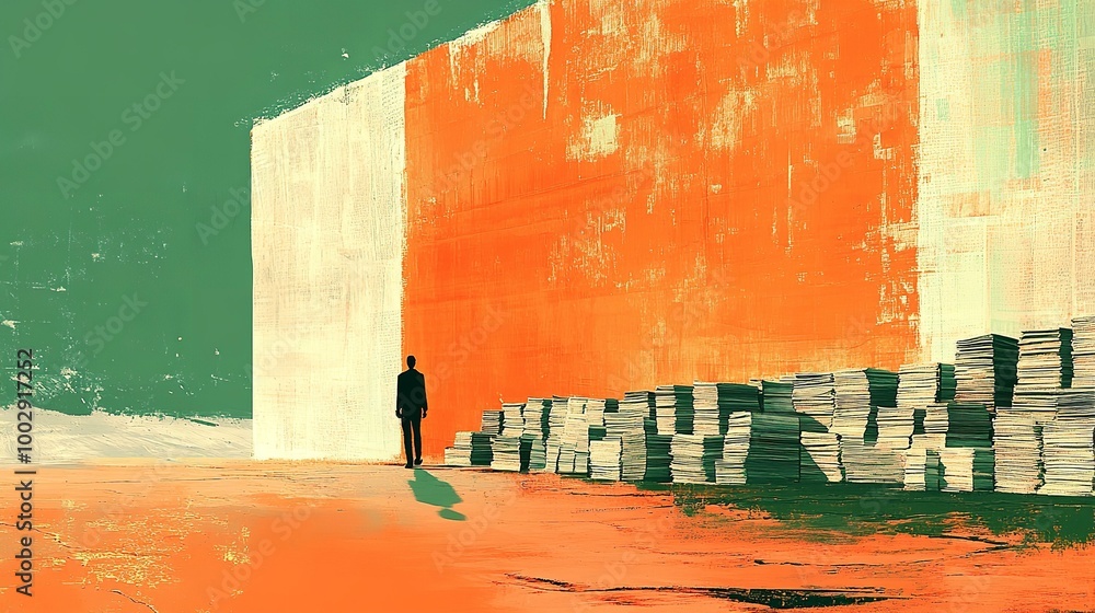 Poster Human silhouette in an abstract environment with massive pages of text and information and copy space 