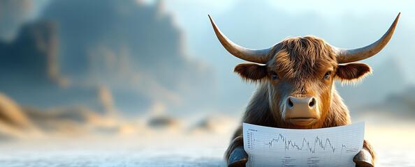 Bull holds a paper financial report with prices indicators. Background with copy space 