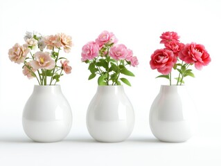 Collection of 3 beautiful flowers in isolated ceramic jars on a white background. 3D rendering.