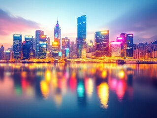 Fototapeta premium Vibrant city skyline reflecting on water during twilight, showcasing modern skyscrapers and colorful lights in the atmosphere.
