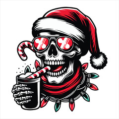 Santa Skeleton with Sunglasses and Candy Cane Cool Holiday Illustration