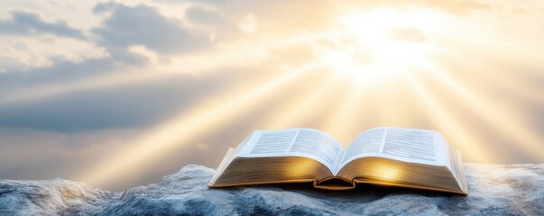 An open book illuminated by rays of light, symbolizing inspiration, wisdom, and the pursuit of knowledge in a serene atmosphere.