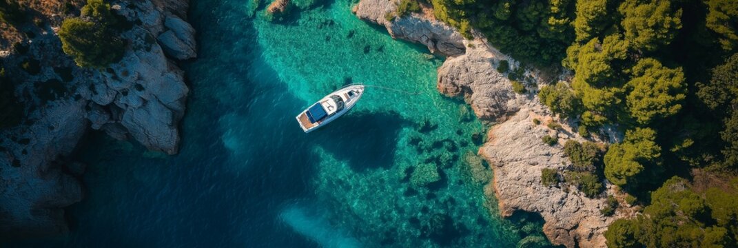 A small boat is moored in vibrant turquoise waters, set against a rocky coastline under clear blue skies in this serene scene.