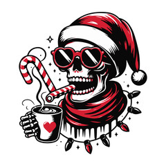 Edgy Christmas Stock Photo Skeleton in Santa Hat, Red Scarf, Sunglasses, and Coffee