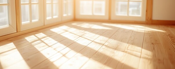 Obraz premium Sunlit wooden floor casting soft shadows in a bright room.