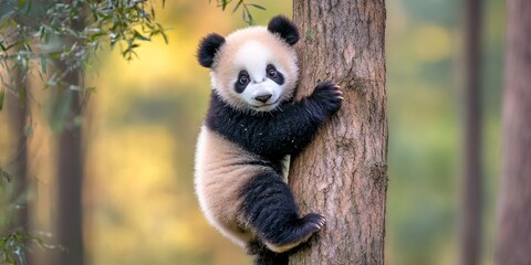 Obraz premium A cute panda cub clings to a tree trunk in a tranquil forest setting. This captivating wildlife image captures the essence of nature. Ideal for animal lovers and conservation efforts. AI