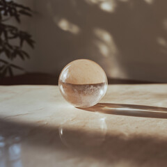 A translucent sphere glows softly under gentle indoor light, creating a tranquil and serene ambiance.