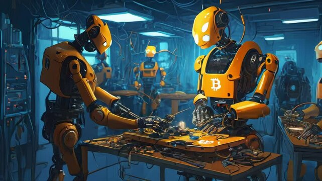 A futuristic scene of robots working in a factory, mining Bitcoin.. AI Generation