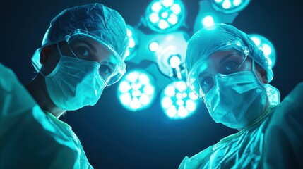 Surgeons in scrubs and masks preparing for an operation under bright surgical lights.