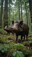 A low-angle, wide-angle shot of wild boars foraging in a dense forest
