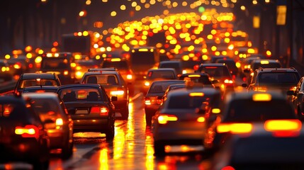 Traffic congestion at night, illuminated vehicles on a wet road.