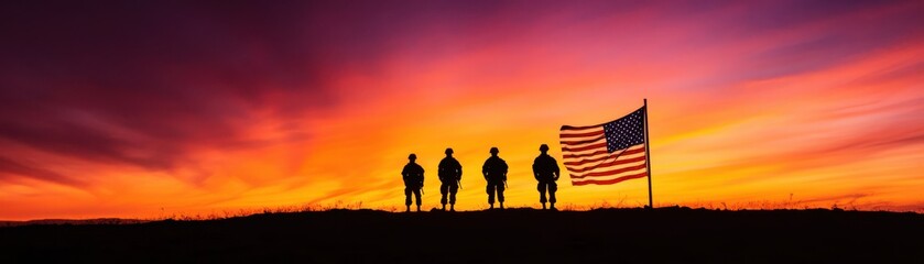Fototapeta premium Silhouetted figures against a vibrant sunset with an American flag, symbolizing freedom and unity.