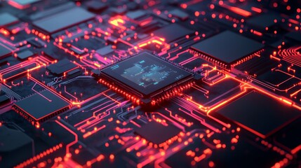 Fototapeta premium Creative circuit chip wallpaper. AI and computing concept. 3D Rendering