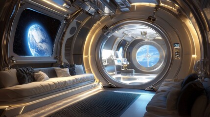 Futuristic Spacecraft Cabin with Cosmic Interior and Geometric Design