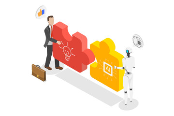3D Isometric Flat  Illustration of Human and AI Working Together, Artificial Intelligence Collaboration