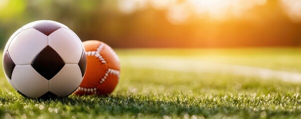 Two colorful balls on a grassy field under warm sunlight.