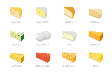 3D Isometric Flat  Set of Different Cheese Types, Brie, Mozzarella, Parmesan, Camembert etc.