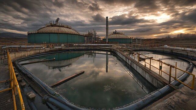 A detailed view of large sludge digesters, designed for anaerobic digestion. The tanks are sealed and equipped with gas collection systems, with pipes leading to energy recovery units nearby.