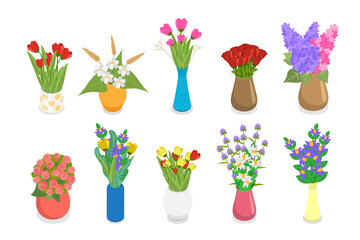 3D Isometric Flat  Set of Flower Bouquets , Florist Composition