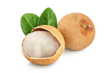 Fresh longan fruit with leaves isolated on white background
