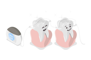 3D Isometric Flat  Illustration of Dental Floss, Oral Hygiene, Teeth Cleaning