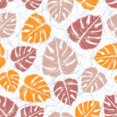 Ceriman striped leaves botanical repeat rapport over noisy background. Beautiful fabric sample vector design. Nature ceriman foliage. Exotic background.