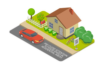 3D Isometric Flat  Illustration of Speed Control, Safe Driving Rules And Tips