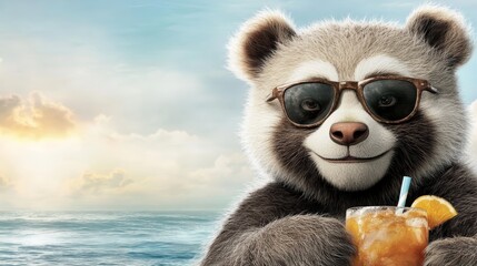 Fototapeta premium A cool panda wearing sunglasses enjoys a tropical drink by the beach.