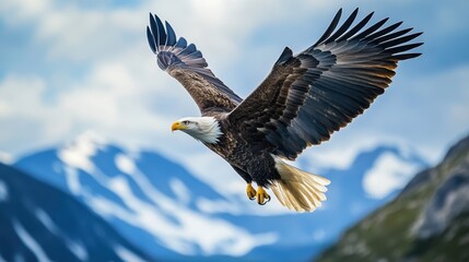 Obraz premium Majestic bald eagle soaring over snowy mountain peaks under a blue sky.