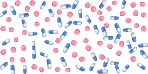 Antibiotic pills medical vector illustration. Capsule drugs and tablets illness prescription elements. Blue white and pink pills, emergency treatment or vitamins. Fast heartbeat cure drugs.