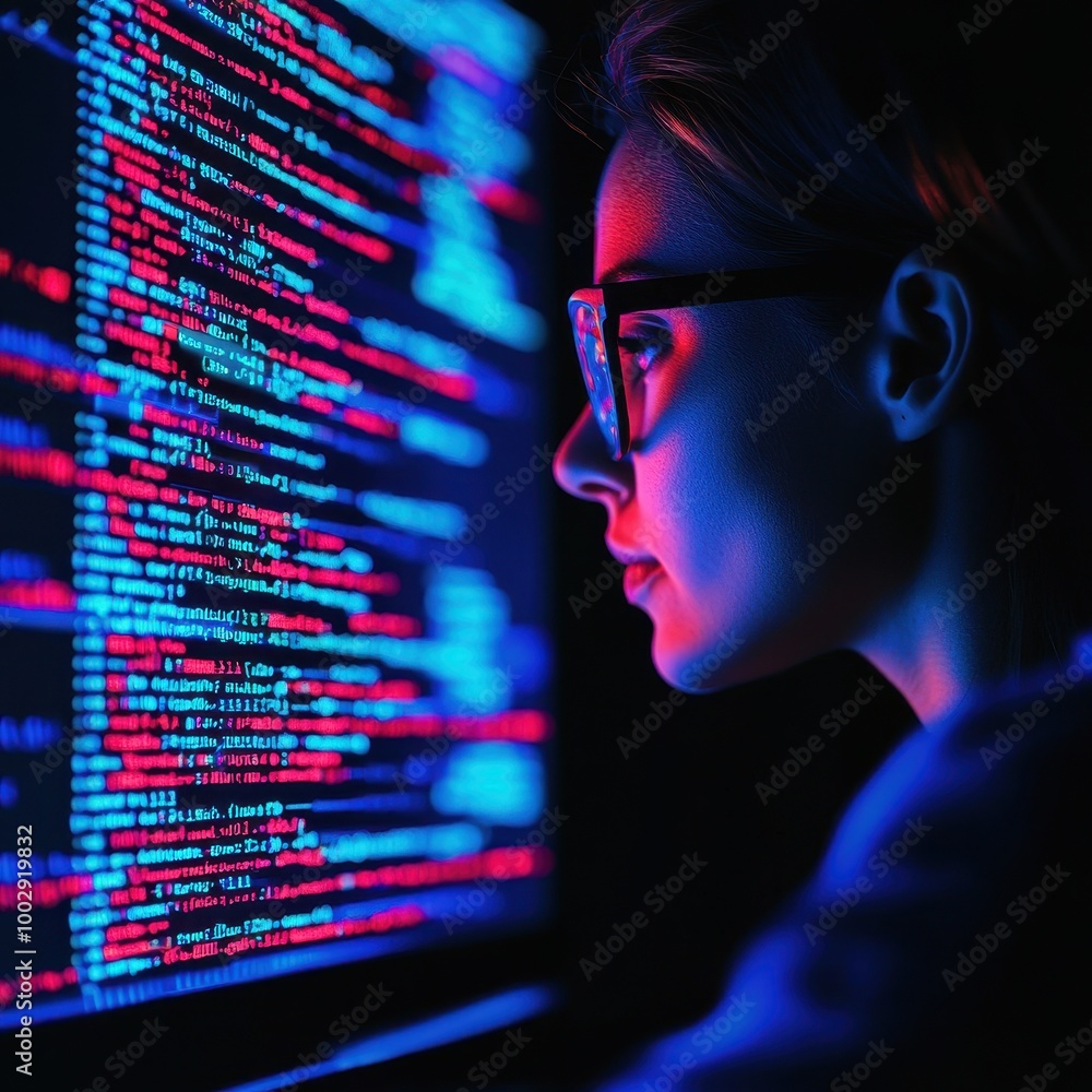 Poster woman focused on coding, illuminated by colorful screen data.