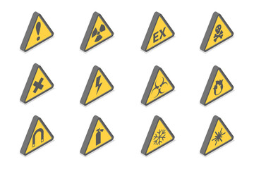 3D Isometric Flat  Set of Warning Signs, Safety and Caution Tags