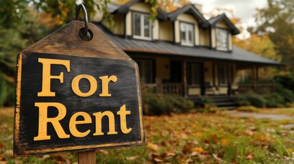 Fototapeta premium Charming two-story house nestled in a picturesque autumn setting with a prominent For Rent sign in the foreground reflecting rental availability