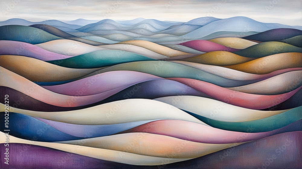 Poster a vibrant abstract landscape with flowing waves in various colors, evoking serenity and tranquility 