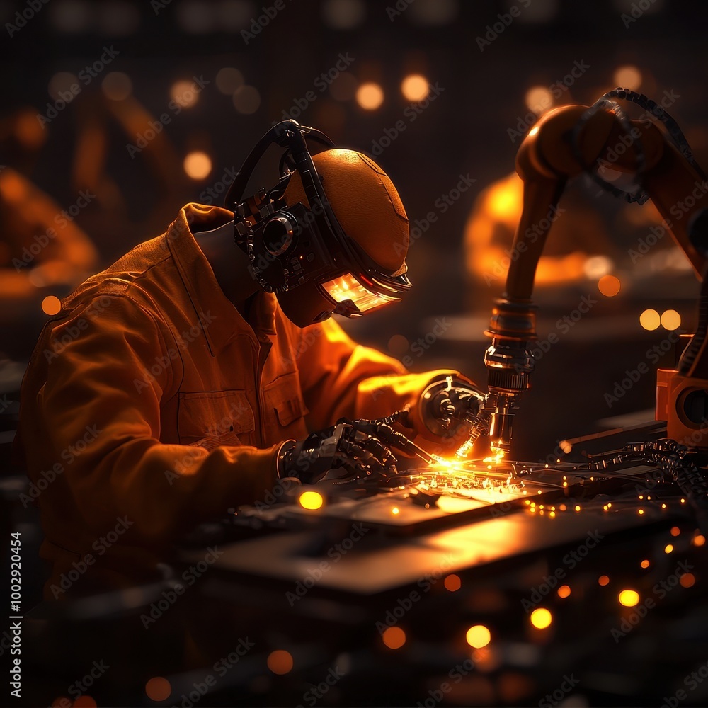 Poster worker with robotic arm in a factory, focused on welding process.