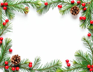 Fototapeta premium A festive Christmas frame with pine branches, pine cones, and red berries on a white background