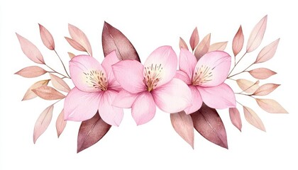 Obraz premium A beautiful watercolor illustration of pink flowers and leaves, perfect for spring-themed designs and floral patterns.
