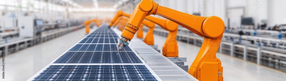 Poster industrial robot arm assembling solar panels in a modern factory setting, showcasing advanced techno