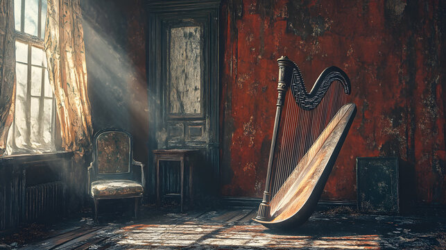 Gothic harp untouched in an abandoned parlor Watercolor