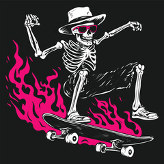 Skeleton Skateboarding with Flames