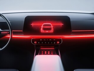 Futuristic car interior with sleek design and glowing red accents, showcasing advanced technology and modern aesthetics.