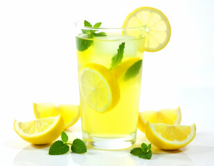 Fototapeta premium A glass of iced tea or lemonade with lemon slices and mint leaves, surrounded by fresh lemon wedges on a white background