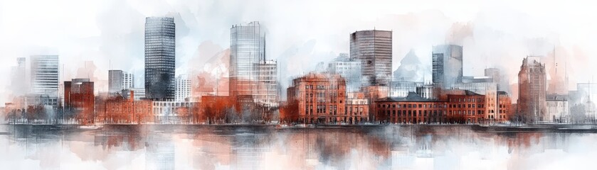 Obraz premium A beautiful watercolor city skyline reflecting on the water, capturing urban architecture and vibrant colors in a serene landscape.