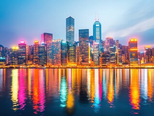 Fototapeta premium A vibrant city skyline illuminated at night, reflecting colorful lights on the water, showcasing urban beauty and modern architecture.