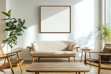 Country House With Sofa And Table This is an interior photo of a Scandinavian interior and mid-century modern interior combination in the living room. Generative AI
