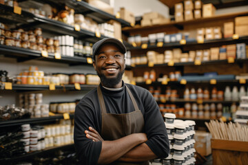 Fototapeta premium Male supermarket employee in front of racks in grocery or a supermarket.